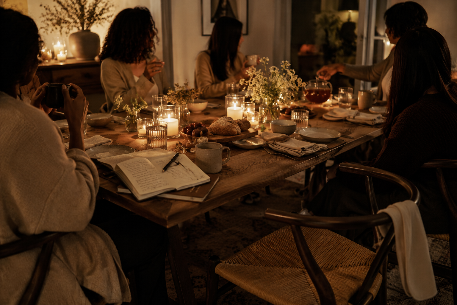 Friends sharing conversation around a candlelit dinner table with open journals and an empty chair in the foreground